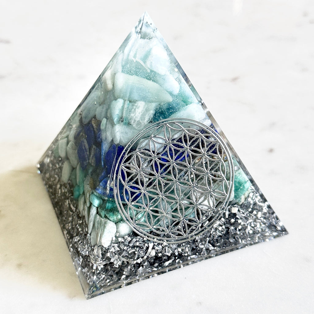 8cm Large Pyramid Orgonite |  Aquamarine, Lapis Lazuli, Amazonite | Throat Chakra