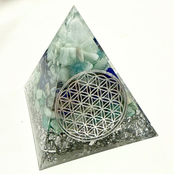 8cm Large Pyramid Orgonite |  Aquamarine, Lapis Lazuli, Amazonite | Throat Chakra