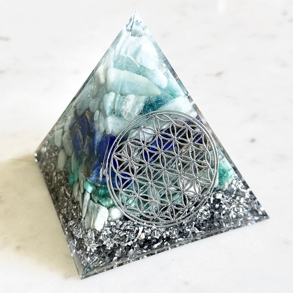 8cm Large Pyramid Orgonite |  Aquamarine, Lapis Lazuli, Amazonite | Throat Chakra