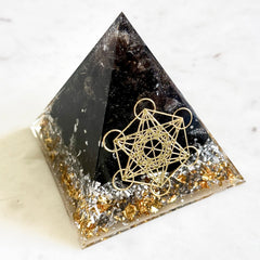 8cm Large Pyramid Orgonite | Smoky Quartz, Black Obsidian | Base Chakra