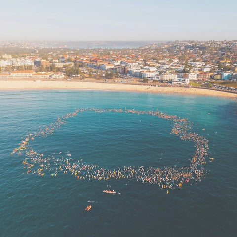 Aerial view of Bondi beach with a circular arrangement of swimmers paddled to the sea 