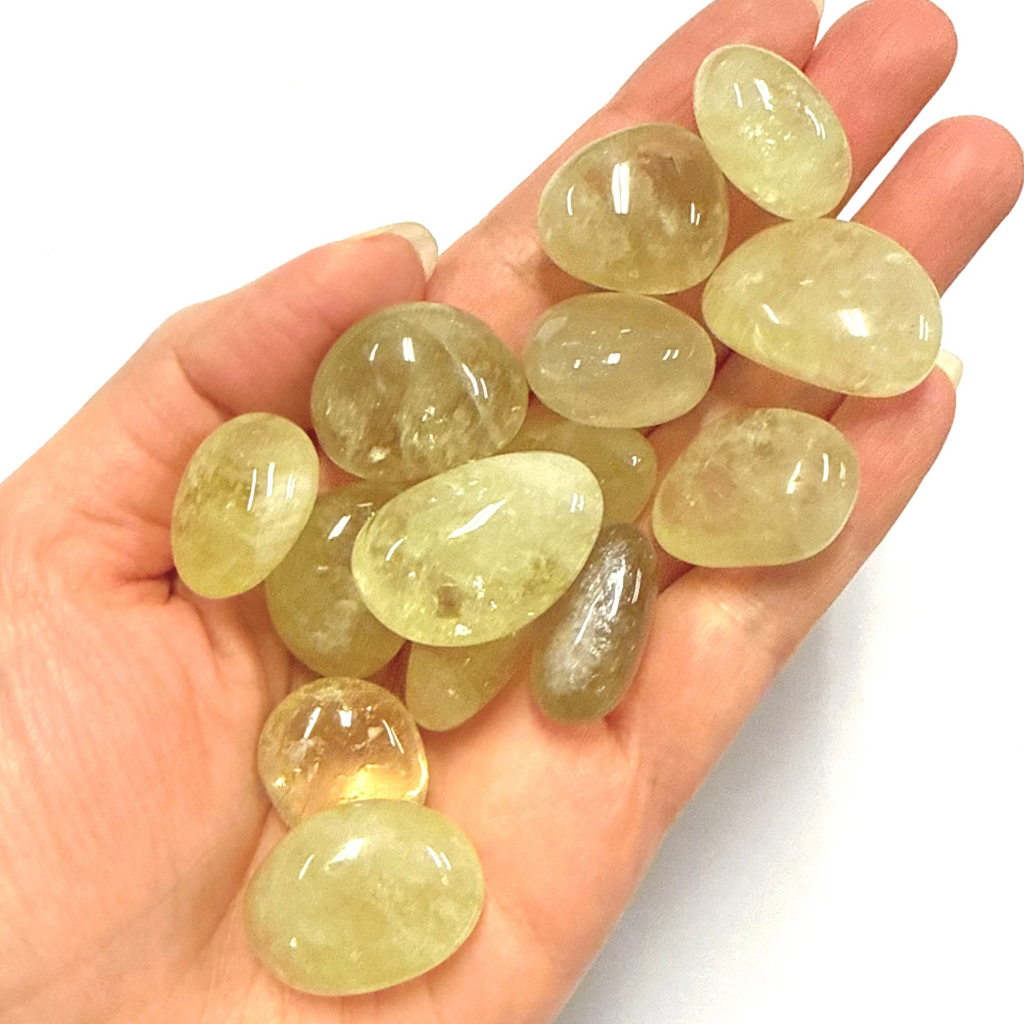 Hand holding a collection of citrine crystal stones against a white background
