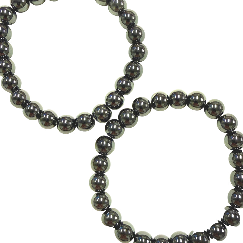 Two Hematite beaded bracelets on a white background