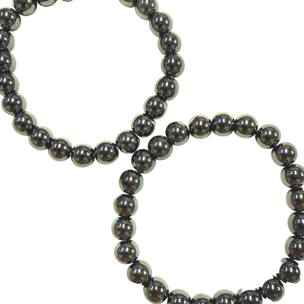 Two Hematite beaded bracelets on a white background