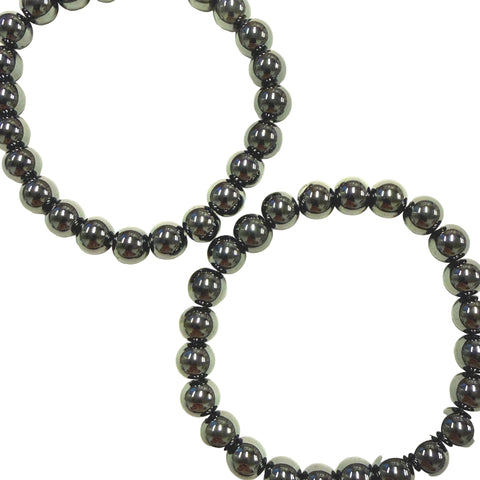 Two Hematite beaded bracelets on a white background