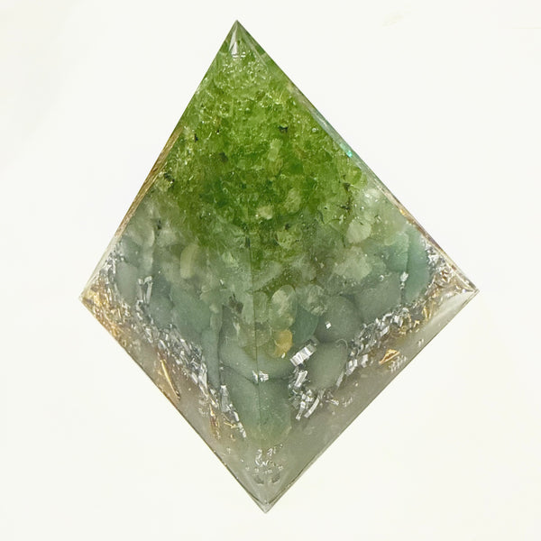8cm Large Pyramid Orgonite | Peridot, Prehnite, Aventurine | Heart, Base Chakras