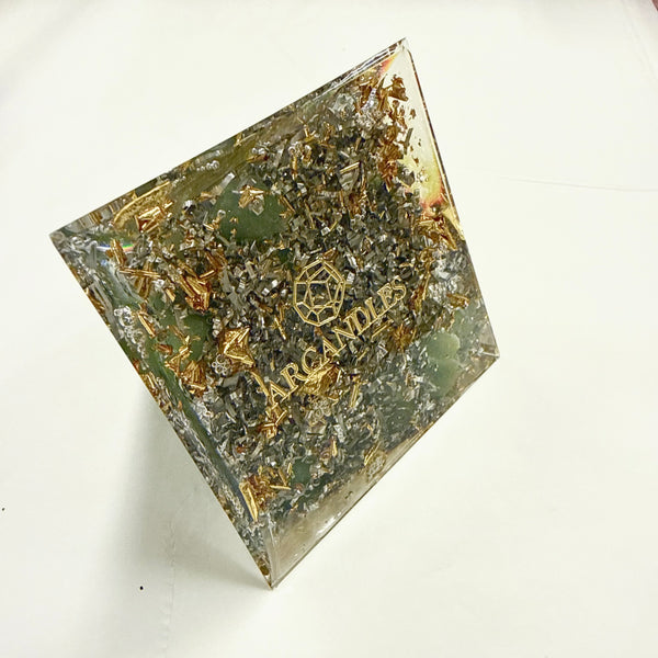 8cm Large Pyramid Orgonite | Peridot, Prehnite, Aventurine | Heart, Base Chakras