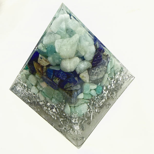 8cm Large Pyramid Orgonite |  Aquamarine, Lapis Lazuli, Amazonite | Throat Chakra