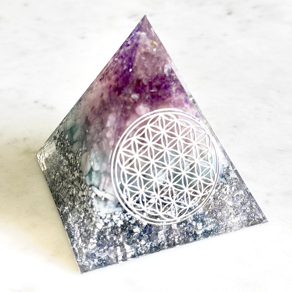 Large Pyramid Orgonite | Rose Quartz, Amethyst, Amazonite | Third Eye, Throat,Heart Chakra