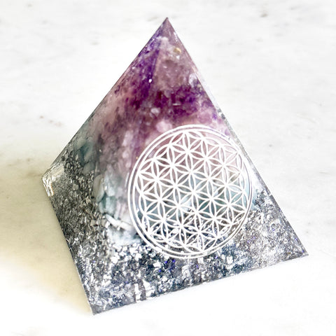 Large Pyramid Orgonite | Rose Quartz, Amethyst, Amazonite | Third Eye, Throat,Heart Chakra