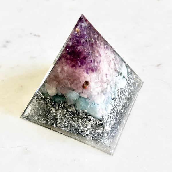 Large Pyramid Orgonite | Rose Quartz, Amethyst, Amazonite | Third Eye, Throat,Heart Chakra