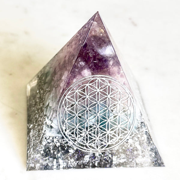 Large Pyramid Orgonite | Rose Quartz, Amethyst, Amazonite | Third Eye, Throat,Heart Chakra