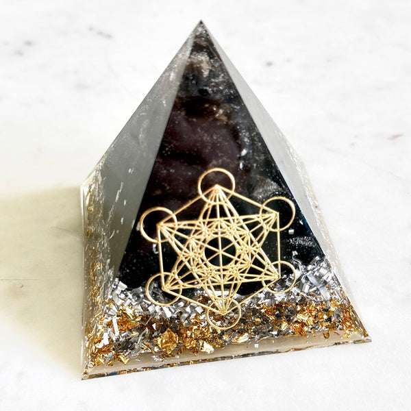 8cm Large Pyramid Orgonite | Smoky Quartz, Black Obsidian | Base Chakra