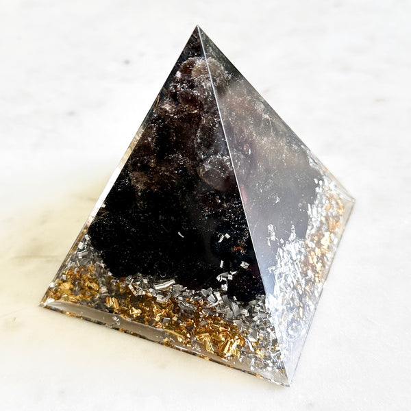 8cm Large Pyramid Orgonite | Smoky Quartz, Black Obsidian | Base Chakra
