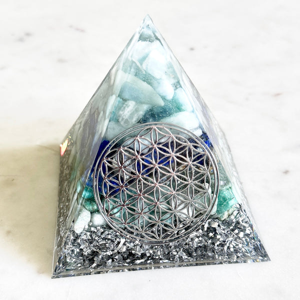 8cm Large Pyramid Orgonite |  Aquamarine, Lapis Lazuli, Amazonite | Throat Chakra
