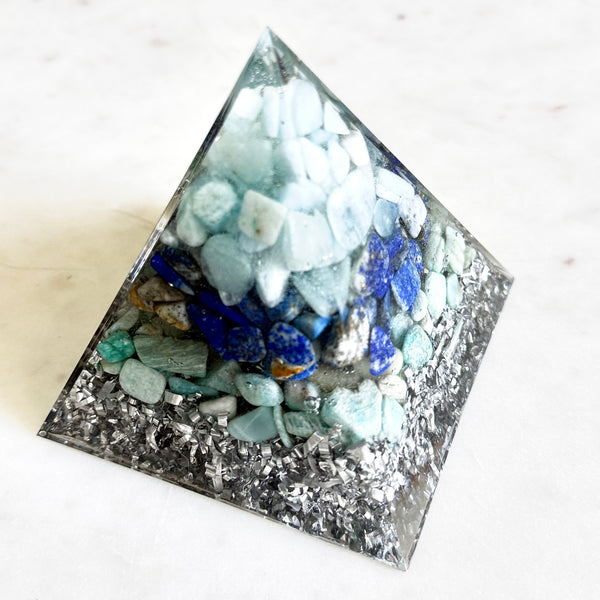 8cm Large Pyramid Orgonite |  Aquamarine, Lapis Lazuli, Amazonite | Throat Chakra