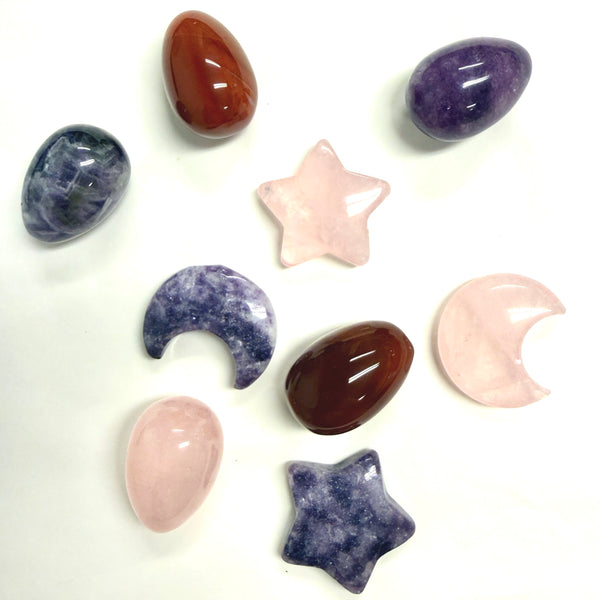 Carnelian, Rose Quartz, Amethyst, Lepidolite Star, Moon, Egg