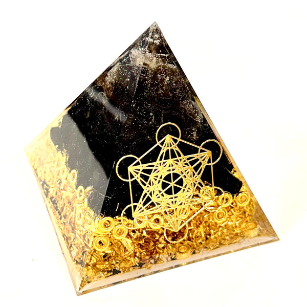 8cm Large Pyramid Orgonite | Smoky Quartz, Black Obsidian | Base Chakra