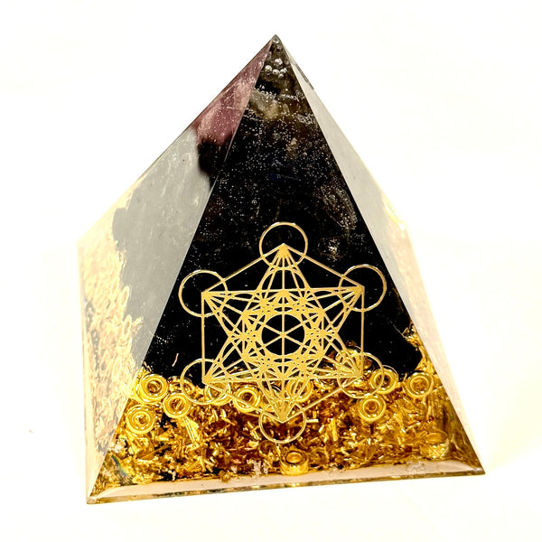 8cm Large Pyramid Orgonite | Smoky Quartz, Black Obsidian | Base Chakra