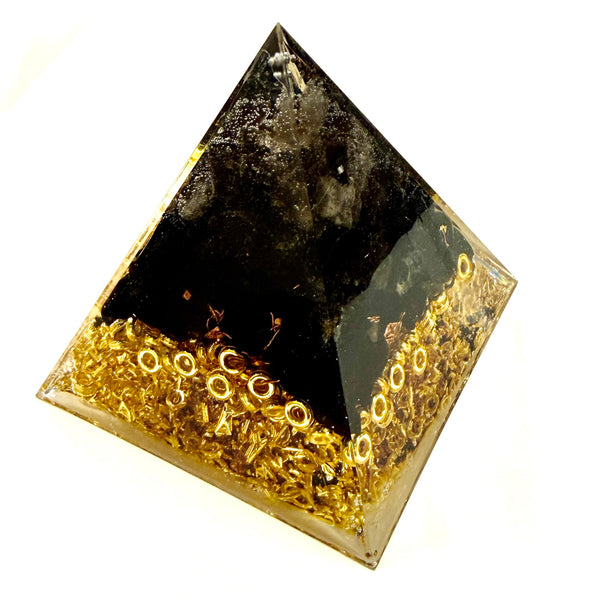 8cm Large Pyramid Orgonite | Smoky Quartz, Black Obsidian | Base Chakra