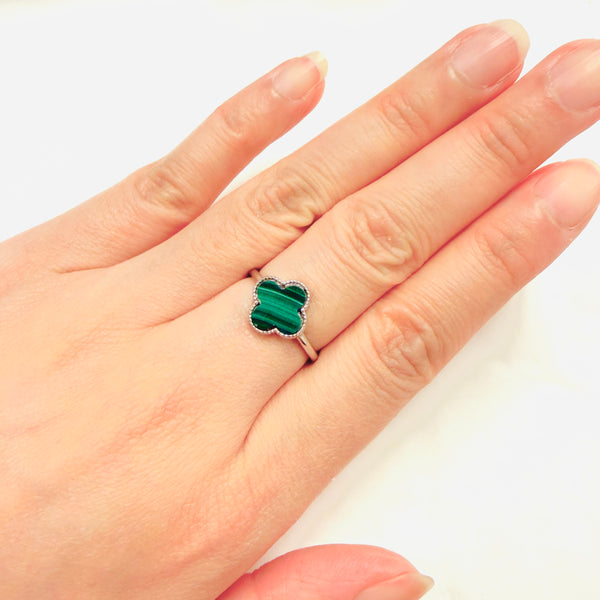 Malachite 4 Leaf Clover 925 Sterling Silver Ring