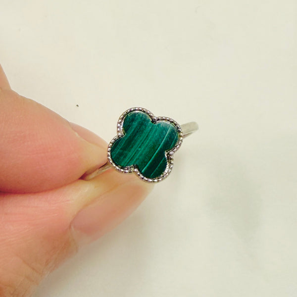 Malachite 4 Leaf Clover 925 Sterling Silver Ring