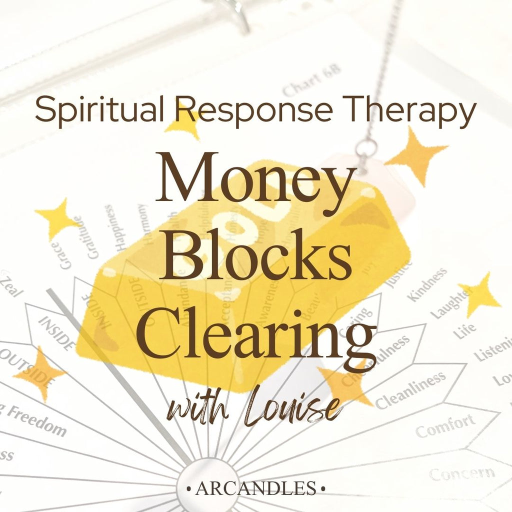 Promotional graphic for 'Money Blocks Clearing' with Louise from Arcandles, featuring a yellow gold block and stars on a white background.