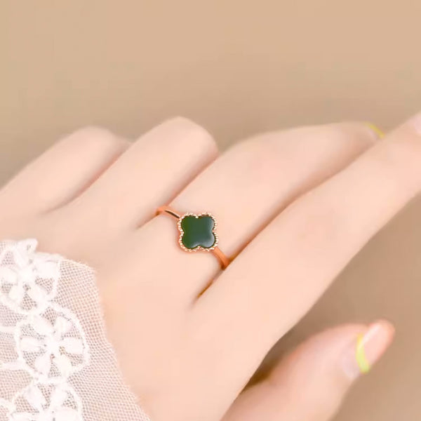 Jade Ring Four Leaf Clover 925 Sterling Silver