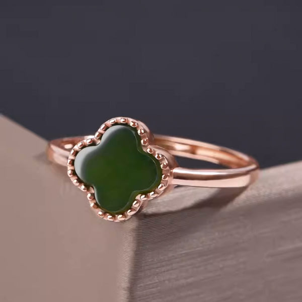 Jade Ring Four Leaf Clover 925 Sterling Silver