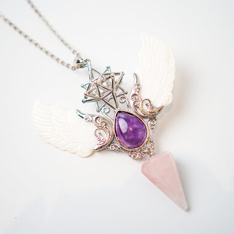 Angel Wings Necklace Pendulum | Rose Quartz