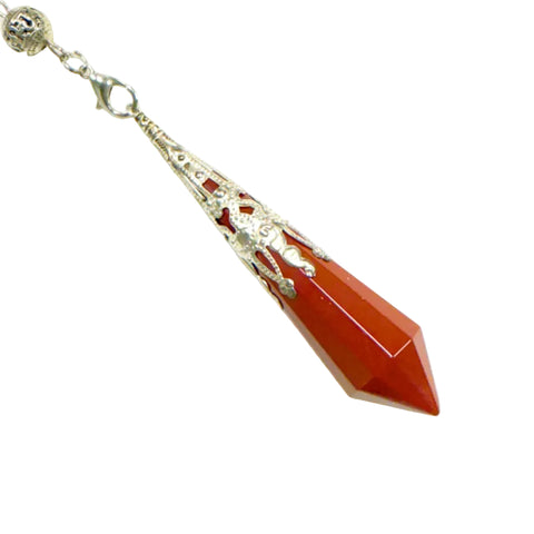 A red jasper pendulum with a silver-colored chain and decorative cap.