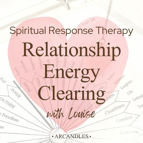 Heart-shaped graphic with text about Spiritual Response Therapy, Relationship Energy Clearing, and Arcandles.