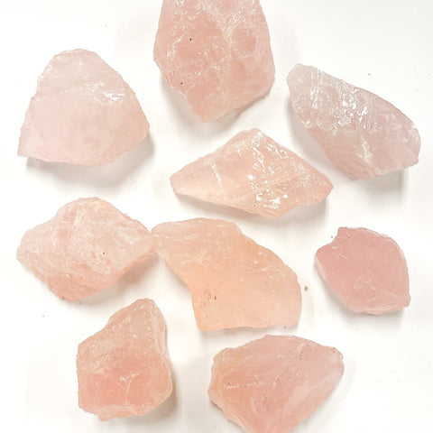 A collection of raw Rose Quartz gemstones displayed on a white background.