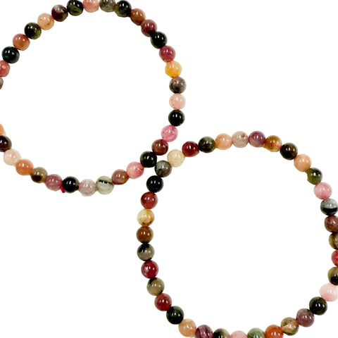 A multicolored tourmaline bracelet with round beads, displayed twice in different orientations on a white background.