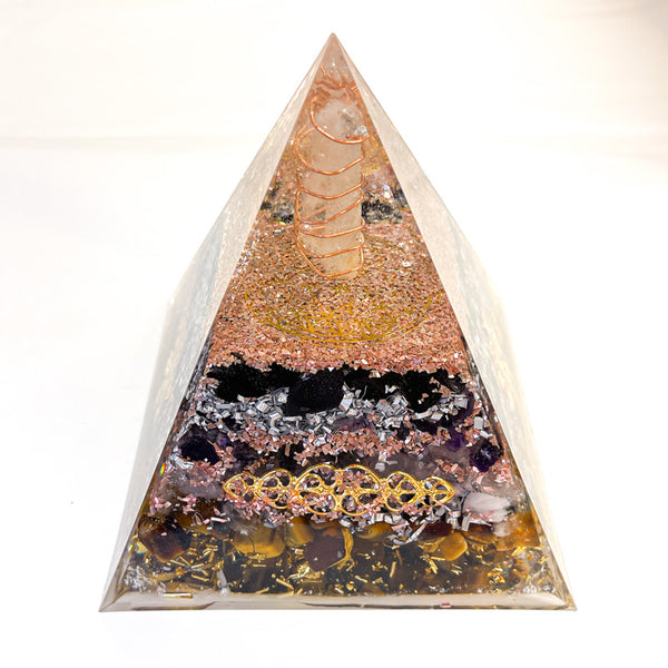 12cm Large Pyramid Orgonite - Clear Quartz, Black Tourmaline, Rose Quartz, Tiger Eye