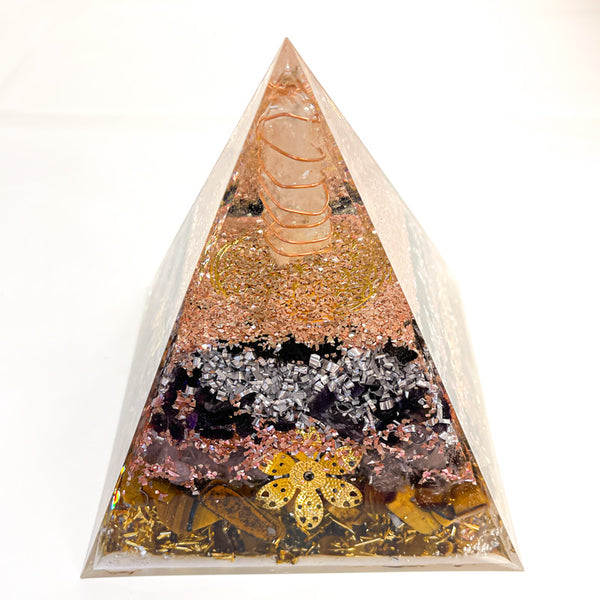 12cm Large Pyramid Orgonite - Clear Quartz, Black Tourmaline, Rose Quartz, Tiger Eye