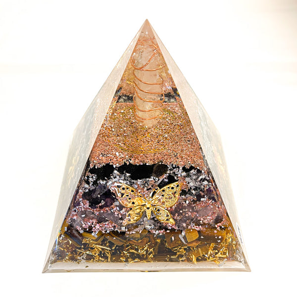 12cm Large Pyramid Orgonite - Clear Quartz, Black Tourmaline, Rose Quartz, Tiger Eye