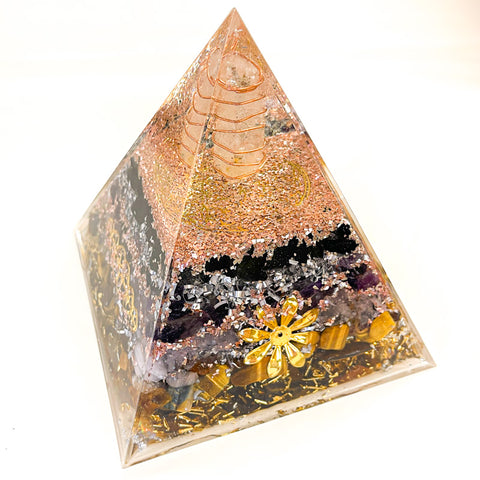 12cm Large Pyramid Orgonite - Clear Quartz, Black Tourmaline, Rose Quartz, Tiger Eye