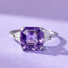 Amethyst Princess Cut Adjustable Ring, 925 Sterling Silver