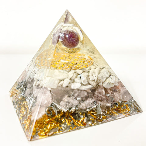 Large Pyramid Orgonite | Amethyst, Moonstone, Rose Quartz | Crown, Third Eye, Heart Chakra