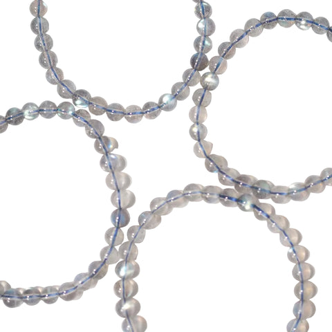 A series of round labradorite beads with blue and white light reflections, strung on an elastic cord.