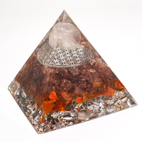 Large Pyramid Orgonite | Rose Quartz, Strawberry Quartz, Carnelian | Heart, Base Chakra
